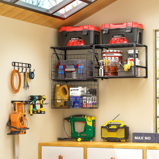 ThreeHio Garage Shelf Wall Mounted with Wire Baskets, Heavy Duty Garage Wall Shelving with Garden Tool Rack and Hooks, Wire Shelf Baskets Tool Organizer for Home Garden Yard Organization and Storage