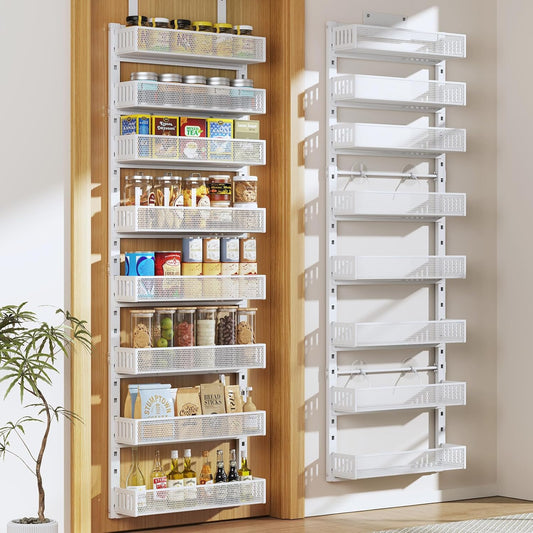 Pantry Door Organizers and Storage, 8-Tier Large Metal Heavy-Duty Frame Over the Door Spice Rack, 2 in 1 Wall-Mounted or Hanging shelf for Kitchen, Bathroom, Laundry Room, Bedroom, Closet &Nursery