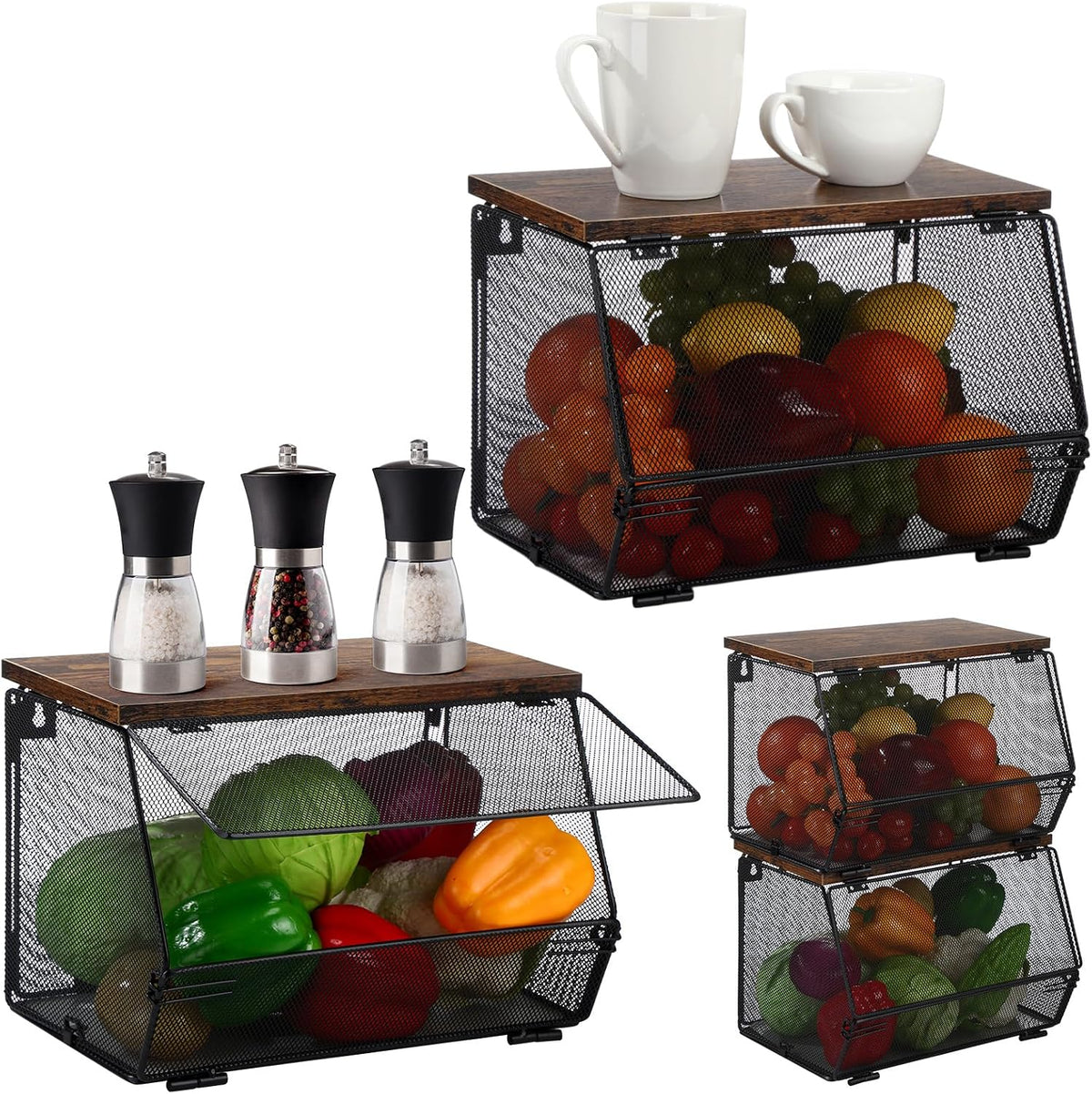 Teenyyou 2 Pcs Fruit Basket with Lid, Non-removable, Black, 8.3"w & 13.8"L