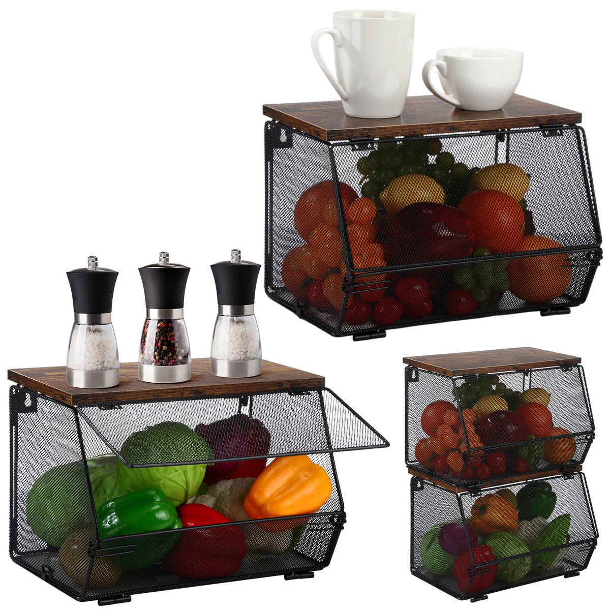 Teenyyou 2 Pcs Fruit Basket with Lid, Non-removable, Black, 8.3"w & 13.8"L