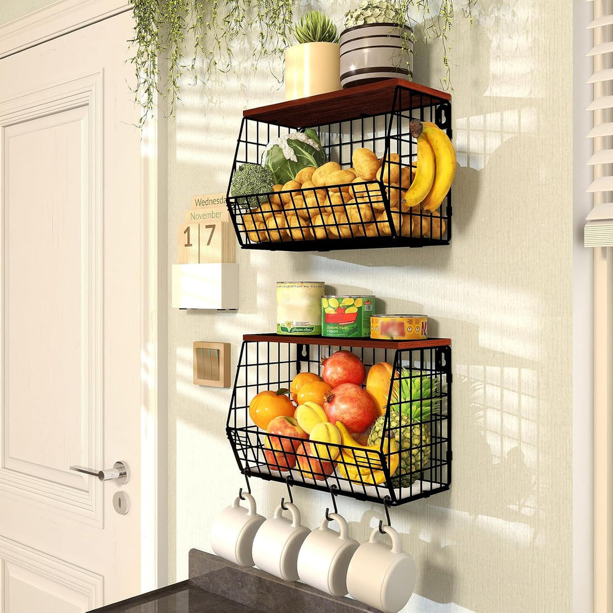 Mefirt 2pcs Fruit Basket Kitchen Storage Basket with Wood Lid