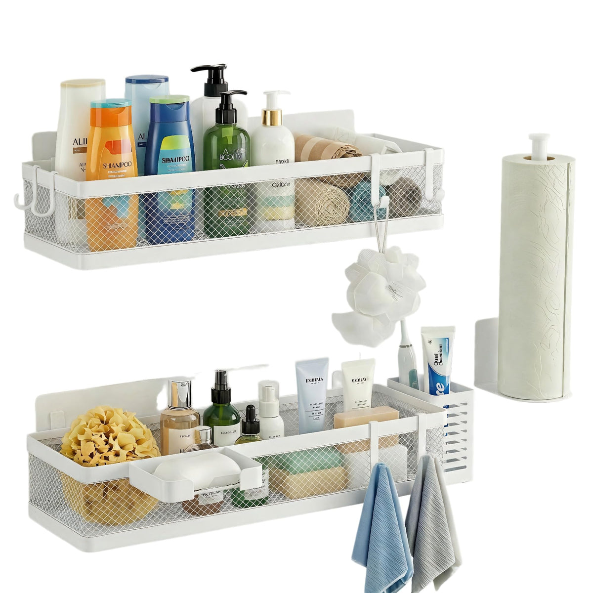 PUSDON 16.5-Inch Extra Long Slim Mesh Shower Caddy, Wall Mounted Bathroom Organizer with Adhesive, Heavy Duty Rustproof Shelf for Narrow Kitchen Pantry & RV, Holds 50 LBS 2-Pack - White Netting