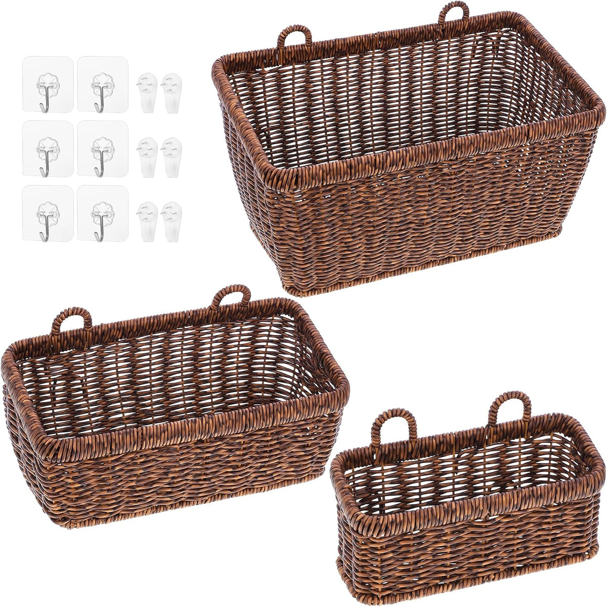 3 Pcs Handmade Wall Basket With Hooks, Boho Style Decor Hanging Baskets, Plastic Adhesive Wall Mount Cabinet Organizer for Living Room, Kitchen & Garden(Brown)