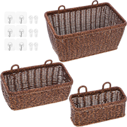 3 Pcs Handmade Wall Basket With Hooks, Boho Style Decor Hanging Baskets, Plastic Adhesive Wall Mount Cabinet Organizer for Living Room, Kitchen & Garden(Brown)