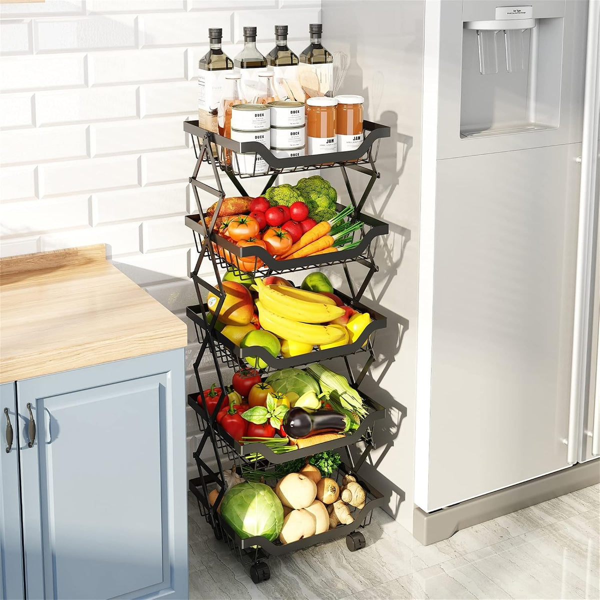 5-Tier Rolling Pantry Floor Organizer with Wheels, Foldable Fruit Vegetable Storage Cart, Metal Wire Pantry Basket, Kitchen Fruit Basket Stand, Vegetable Storage Rack for Fruits Snack Onion Potato