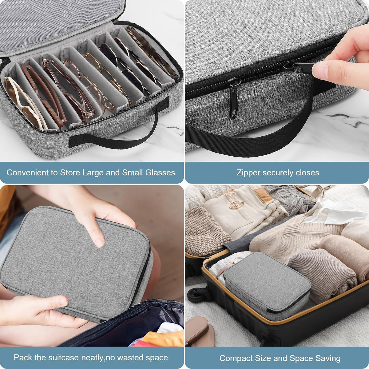 Travel Sunglasses Organizer Case, Adjustable 7 Slot for Multiple Pairs, Portable Eyeglasses Storage Box for Men Women, Holds 8 pairs of glasses, Gray