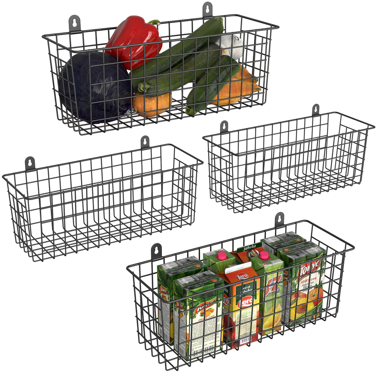 MaraFansie [Extra Large] Wire Basket 2-Pack Hanging Wall Organizer Cabinet Storage Basket Wall Mounted Shelves Rustic Farmhouse Decor for Home Kitchen Bathroom, BLACK