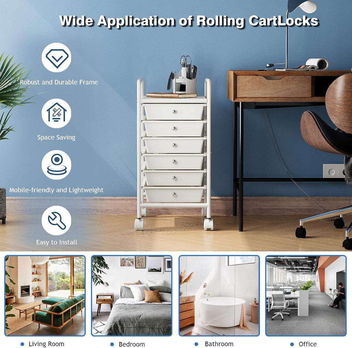 Rolling Storage Cart with Drawers 6-Tier Lock Wheels Office White