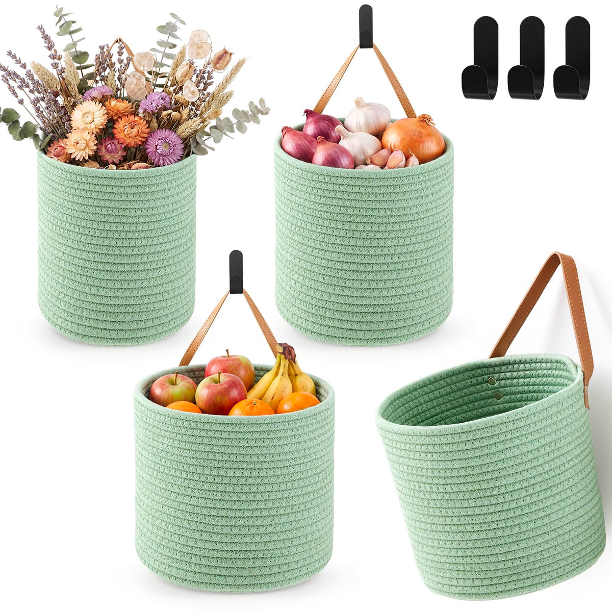 Honeydak 3 Hanging Baskets, Light Brown, Wide Bucket Basket