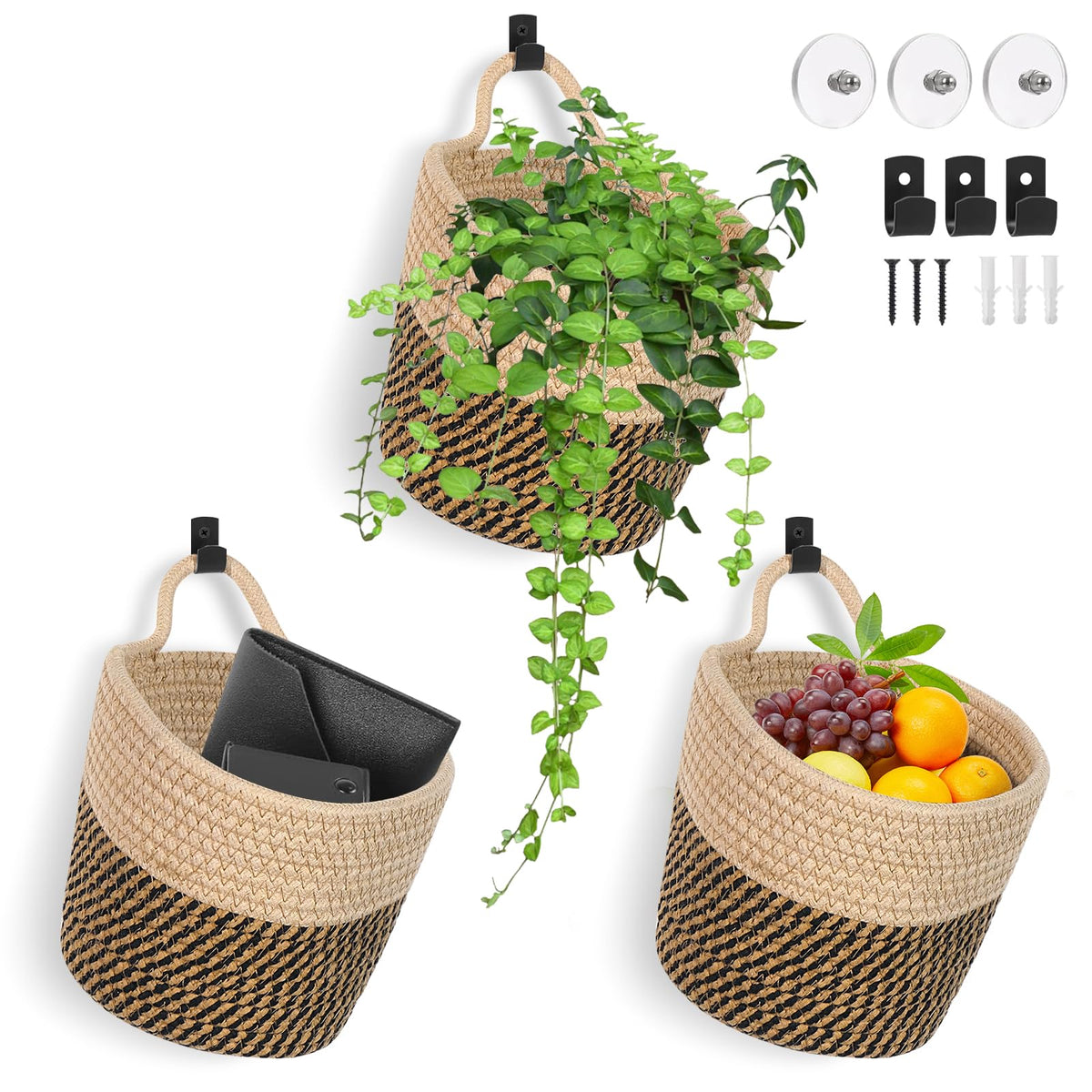 Fabric Wall Hanging Baskets 3 Pack - Woven Storage Organizers with Adhesive Hooks, Boho Style Wall Mounted Pouches for Home Kitchen Door (Large, White & Coffee)