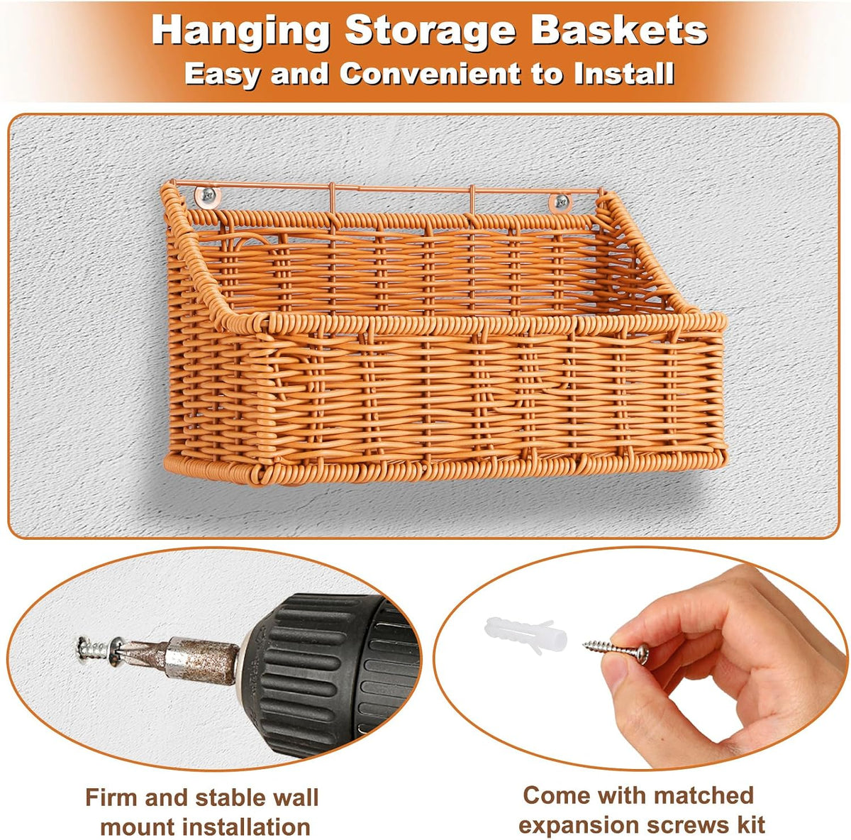 OwnMy Plastic Wicker Hanging Basket Wall Mount Fruit Storage Baskets, 2PCS