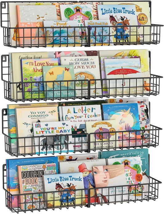 X-cosrack 23.5 Inch Wall Mounted Kids Bookshelf, Floating Metal Book Shelves for Kids Nursery Toddler Classroom, Hanging Book Shelf Organizer for Room Decor, Black, Set of 4