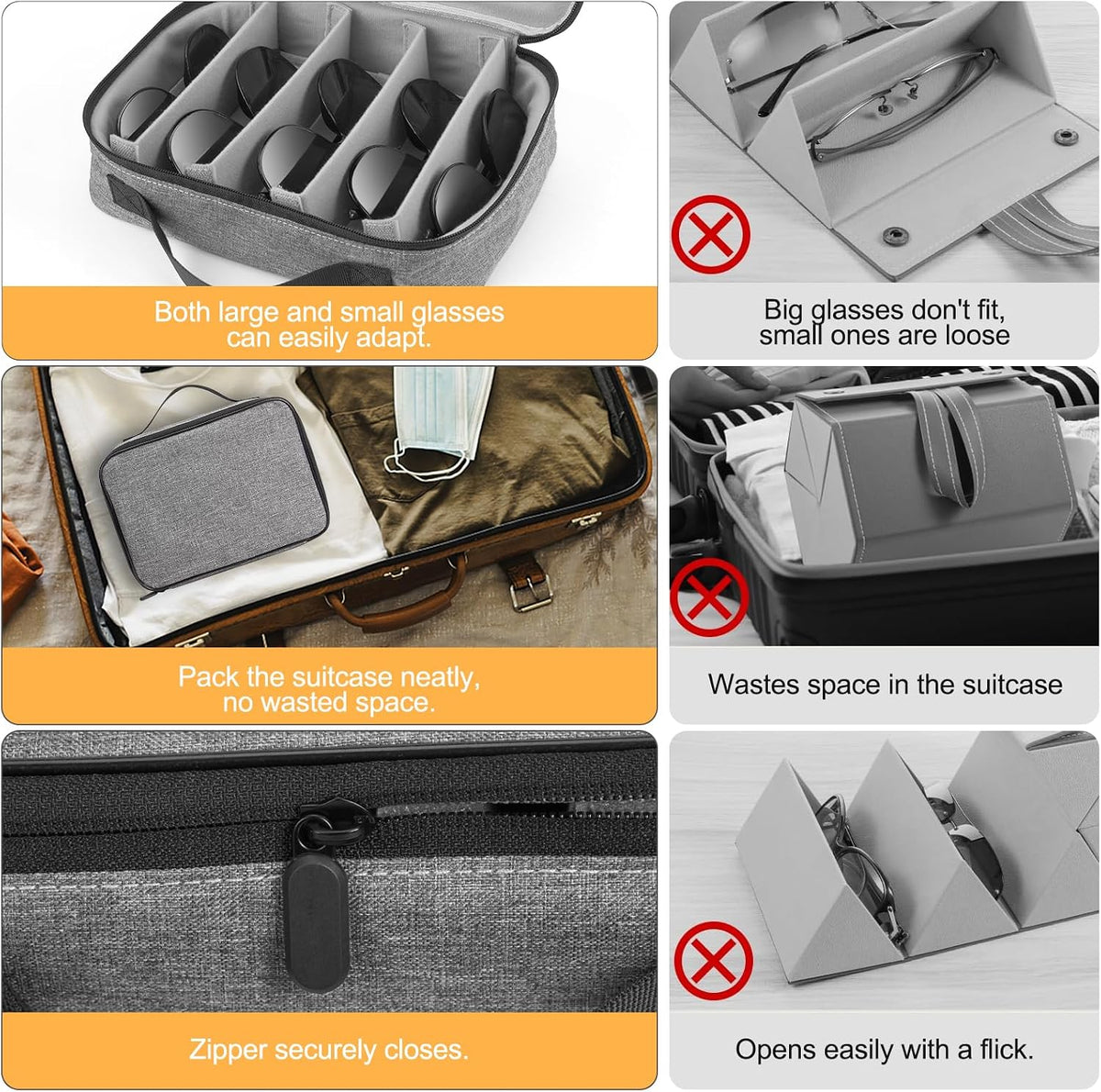 Sunglasses Travel Organizer Case for Multiple Pairs, 8 Adjustable Slots Eyeglasses Glasses Organizer Case with Soft Sunglasses Bag Pouch, Portable Sunglass Storage Box for Men and Women - Grey
