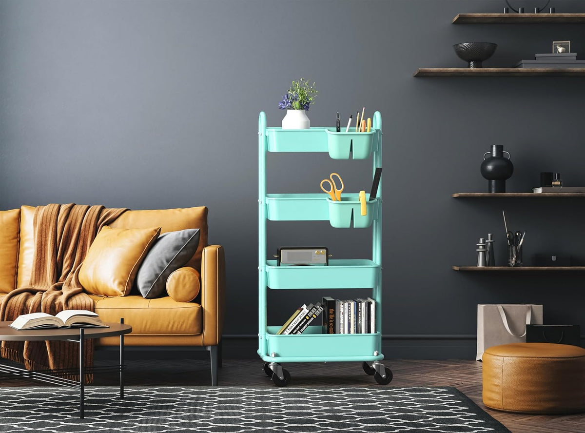 Simple Houseware 4-Tier Rolling Utility Cart with Hanging Bucket, Turquoise