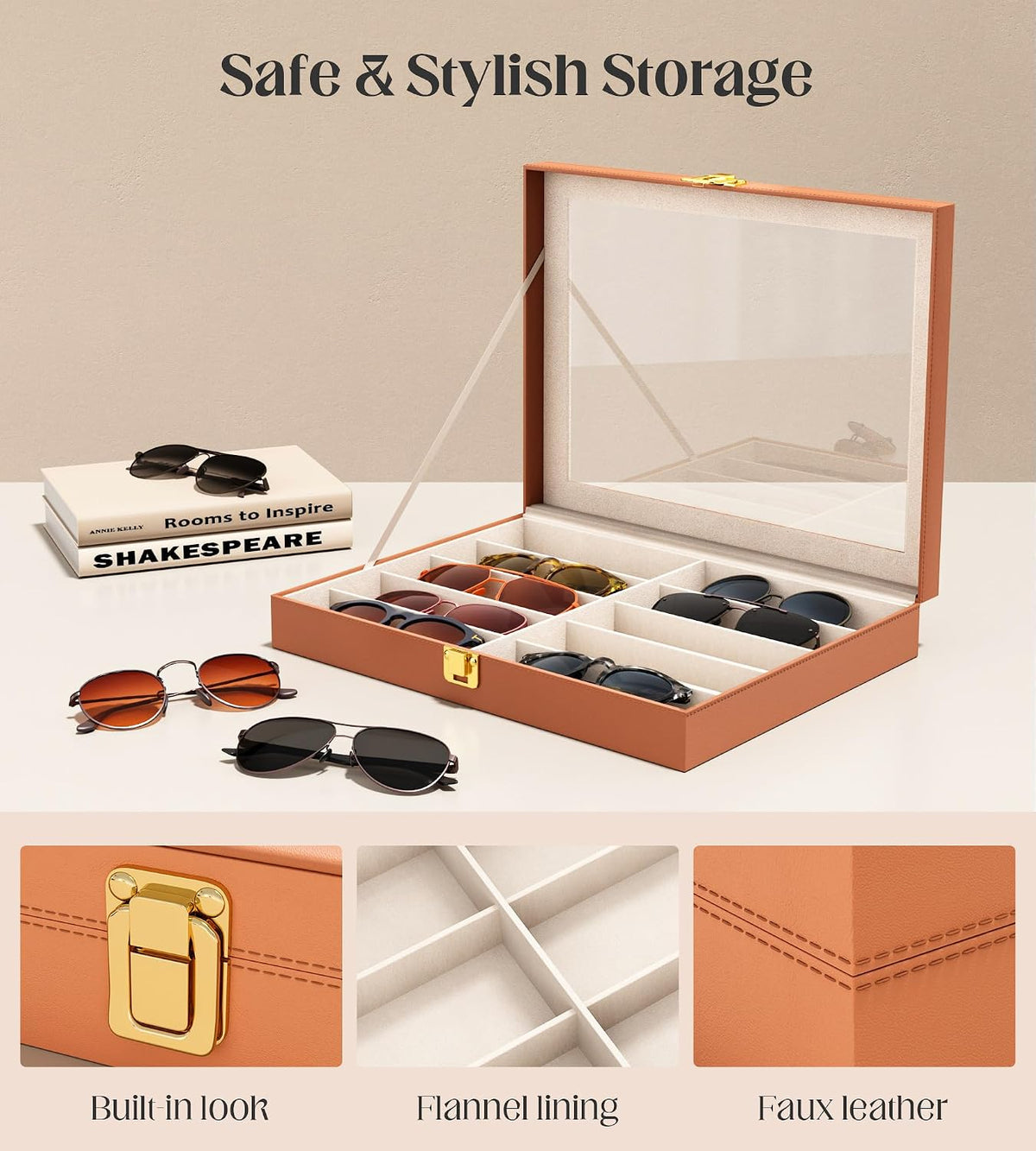 Sunglasses Organizer Storage Box - 10 Slots Eyeglass Display Case for Multiple Pair Glasses, Sunglass Holder with Clear Glass Lid, Jewelry and Watch Collection Box for Women and Men, Brown