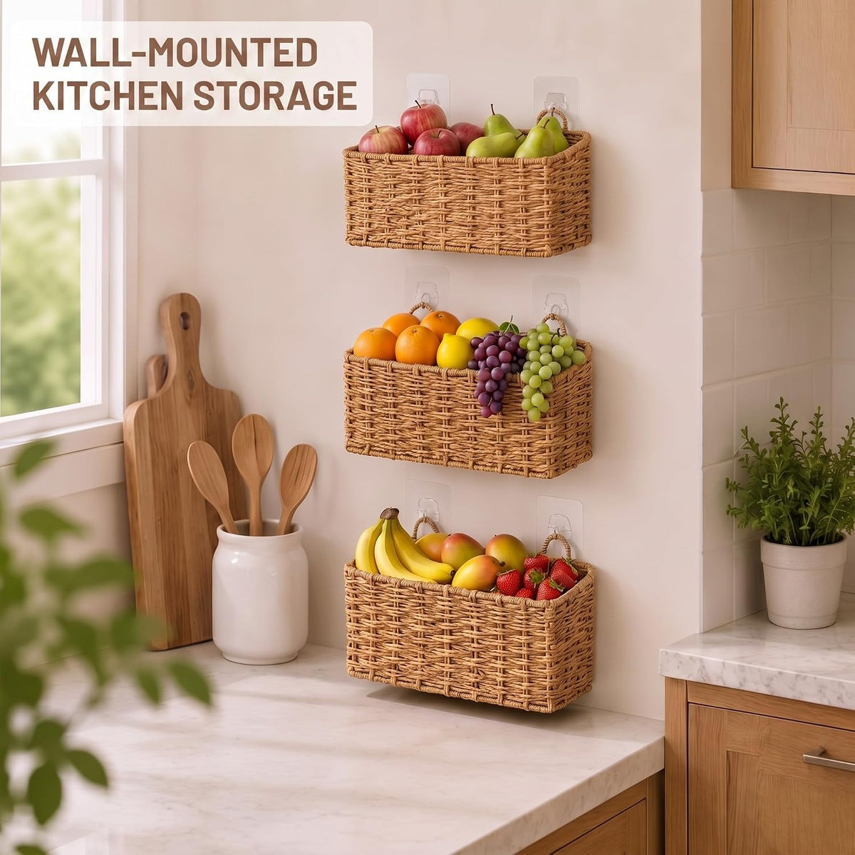 3 Pcs Wall Hanging Baskets,Rectangle,Natural Tan,Paper Cord