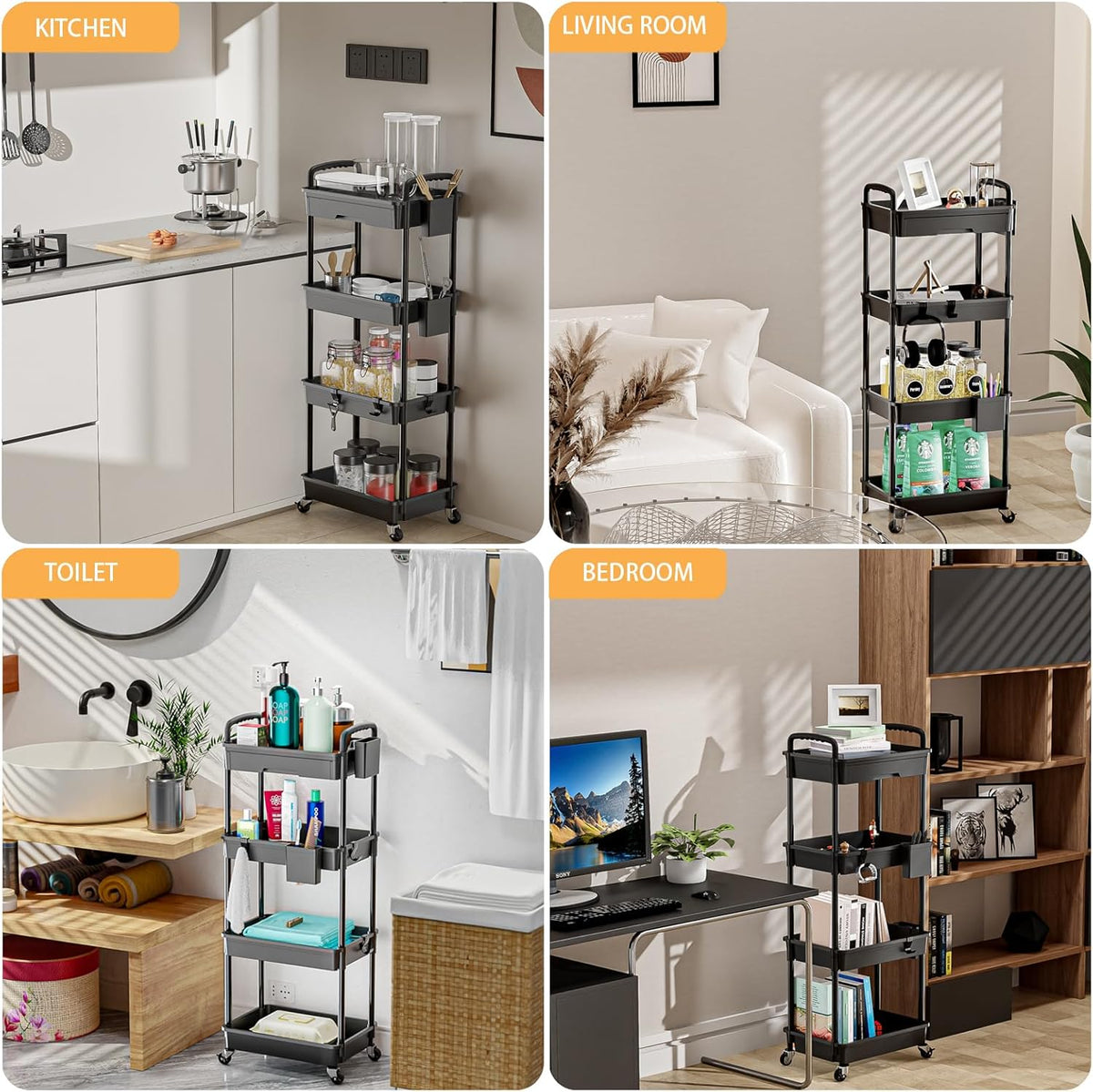 4 Tier Rolling Utility Cart with Drawer,REBECAT Utility Cart Made of Multifunctional Storage Organizer Tool for Kitchen,Bathroom,Living Room,Office(Black)
