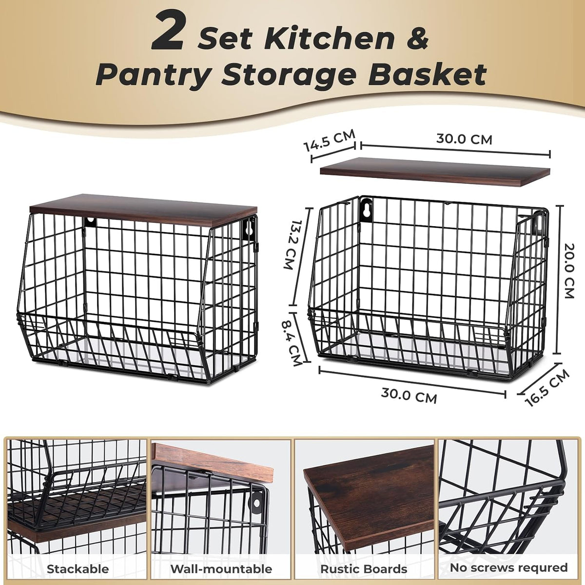 Mefirt 2pcs Fruit Basket Kitchen Storage Basket with Wood Lid