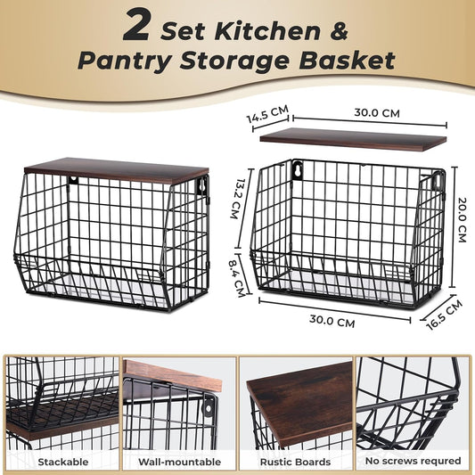 Mefirt 2pcs Fruit Basket Kitchen Storage Basket with Wood Lid