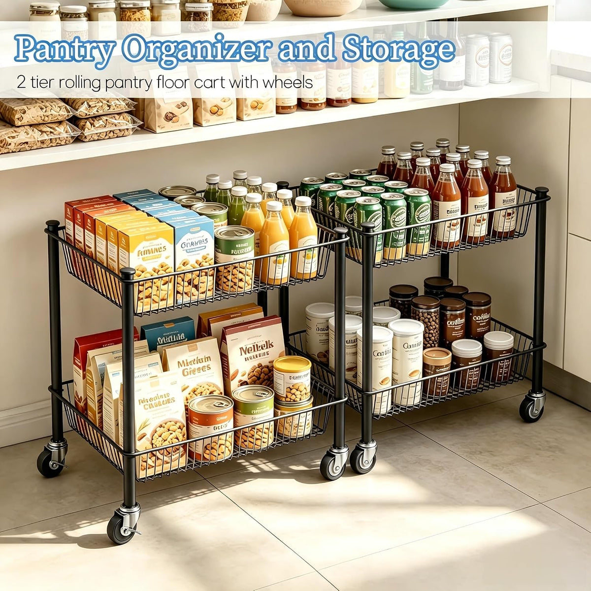 2 Tier Rolling Pantry Cart on Wheels Thick Metal Pantry Floor Organizer Small Utility Cart for Small Space, Fruit Vegetables Rack for Kitchen, Under Desk Storage Onion Potato Storage Basket, Black