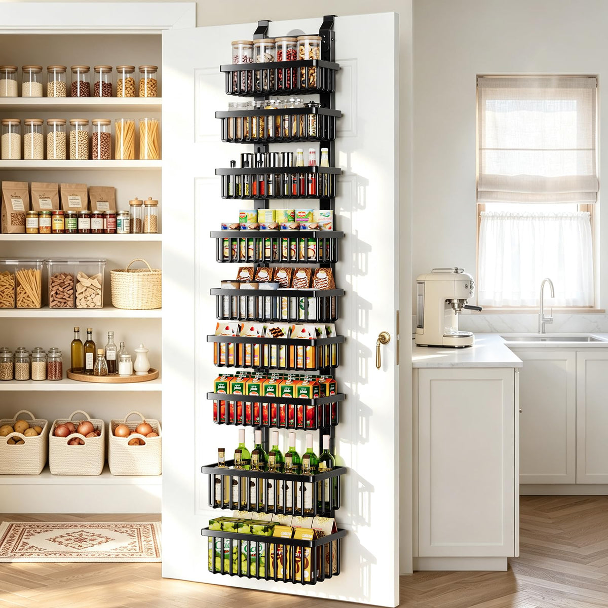 POKIPO 9 Tier Over The Door Pantry Organizer, 2 in 1 Wall Mount or Hanging Spice Rack with Adjustable Deep Basket, Heavy-Duty Seasoning Organizer and Storage for Kitchen Cabinet Closet Bathroom