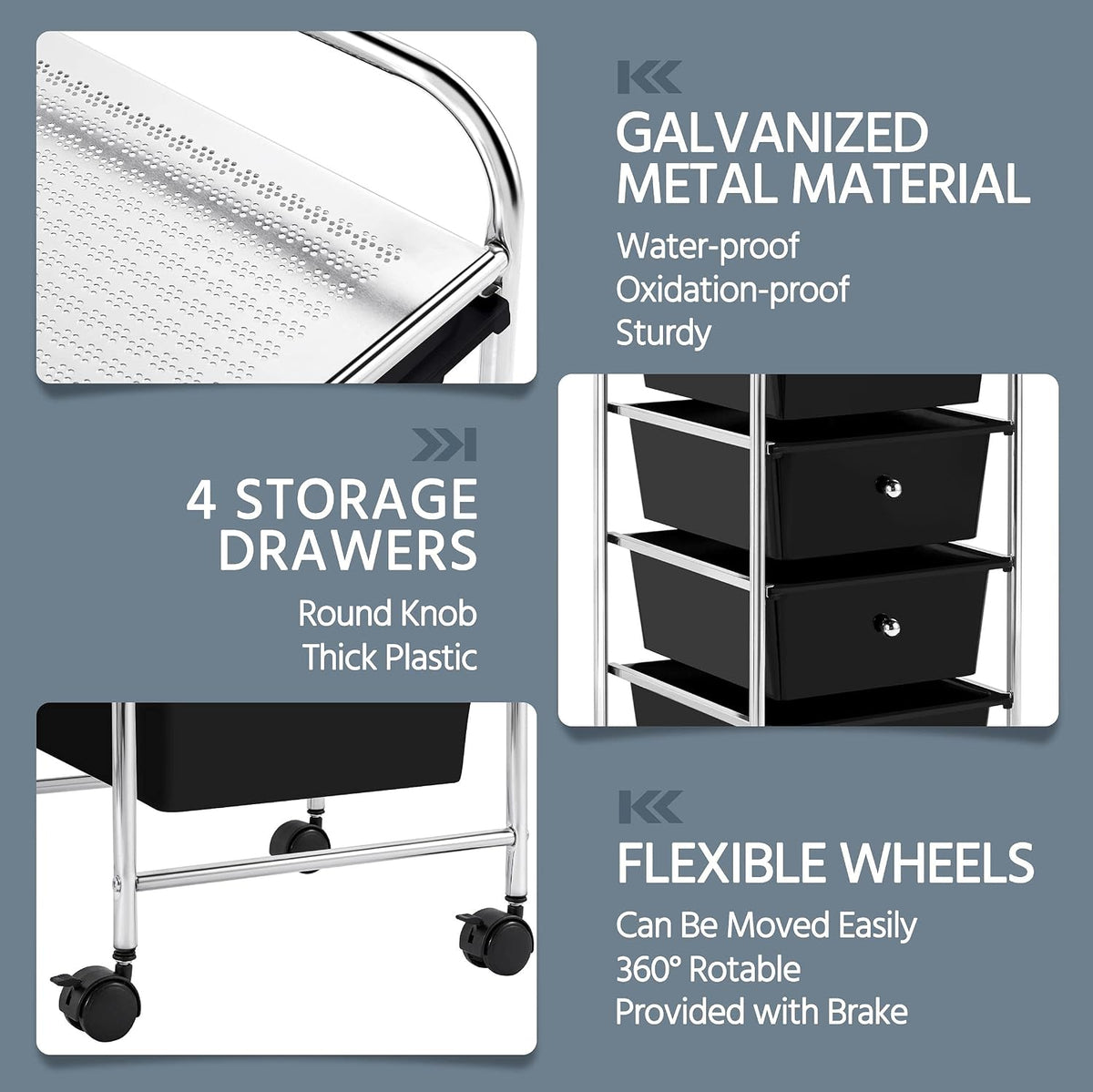Yaheetech 4-Drawer Rolling Storage Cart with Wheels, Slim Organizer, Black