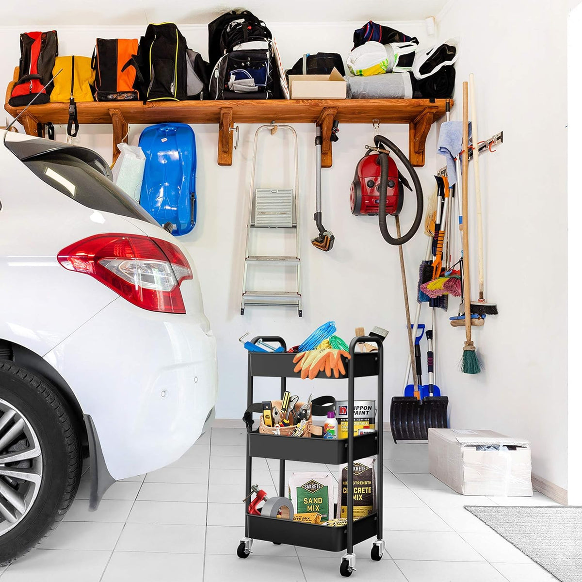 CAXXA 3-Tier Rolling Metal Storage Organizer - Mobile Utility Cart, Kitchen Cart with Caster Wheels (Black)
