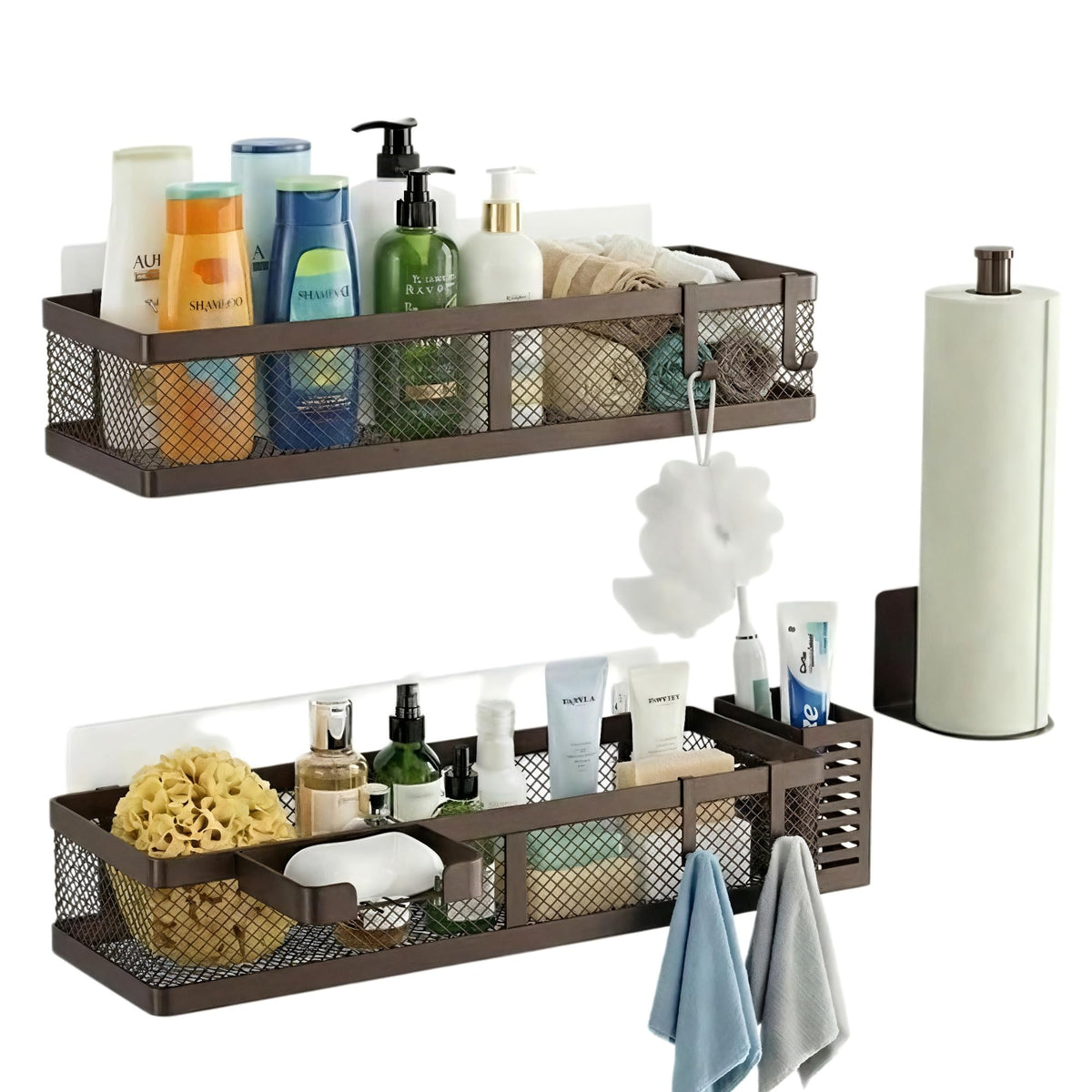 PUSDON 16.5-Inch Extra Long Slim Mesh Shower Caddy, Wall Mounted Bathroom Organizer with Adhesive, Heavy Duty Rustproof Shelf for Narrow Kitchen Pantry & RV, Holds 50 LBS 2-Pack - White Netting