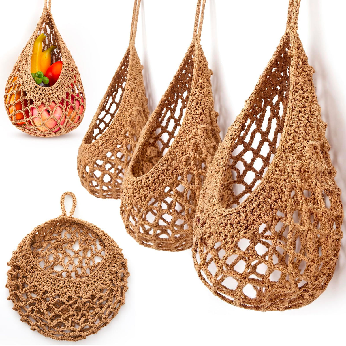 Honeydak 3 Hanging Baskets, Light Brown, Wide Bucket Basket