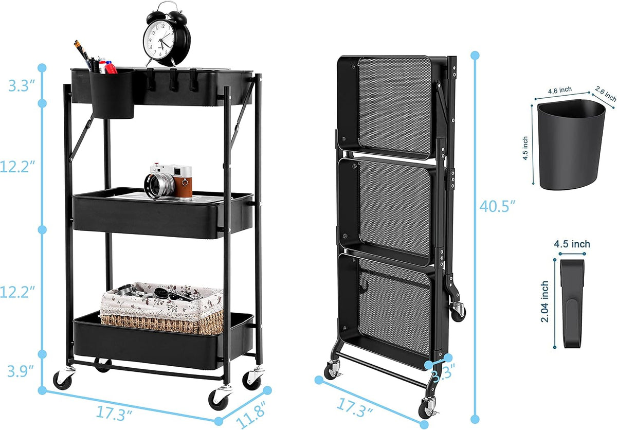 Foldable Rolling Cart 3-Tier Small Foldable Utility Storage Cart Multifunctional Metal Storage Bin Heavy Duty Organizer Carts with Rolling Wheels for Home Office (Black)