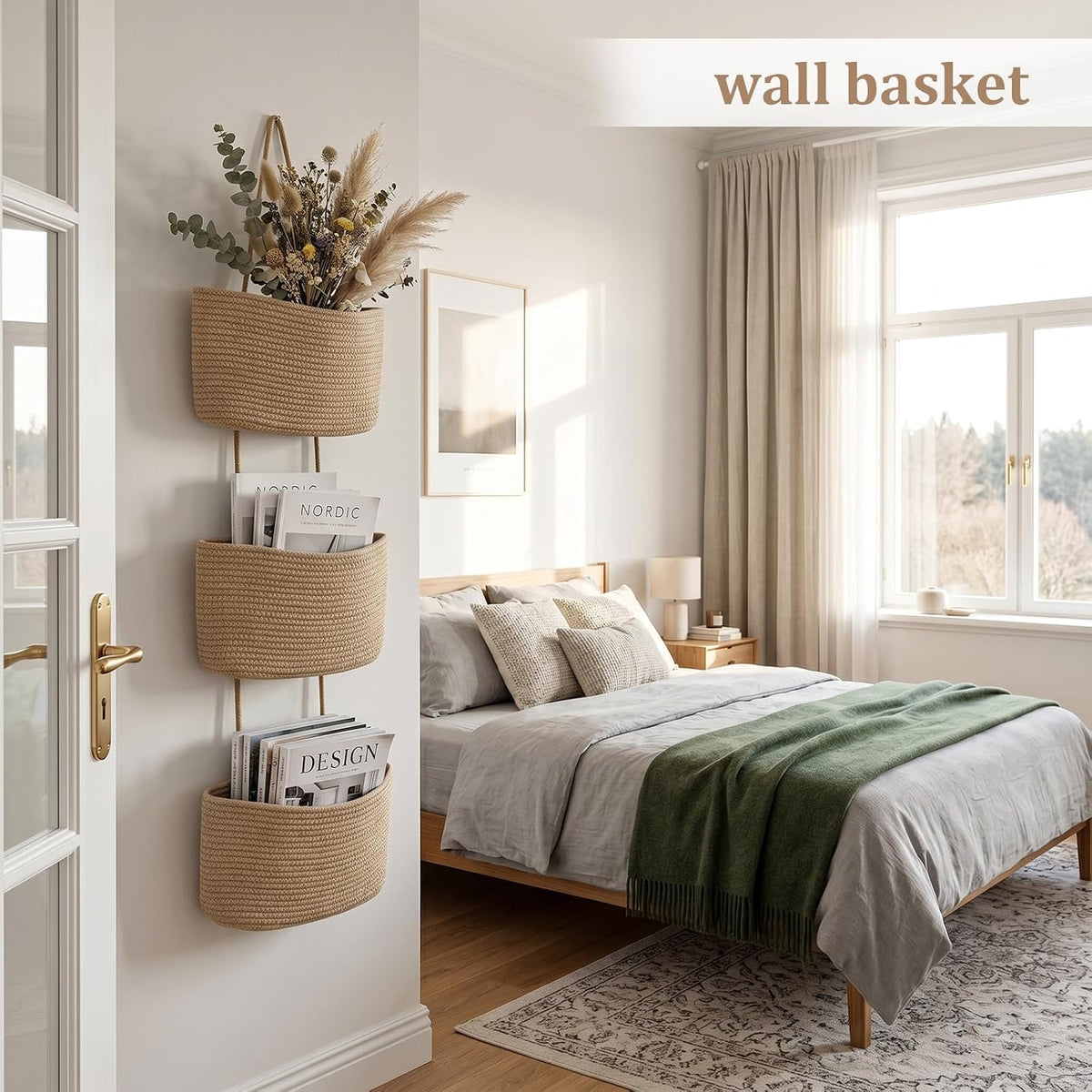 TeoKJ Over the Door Hanging Storage Basket Woven 3 Tier Wall Organizer Jute