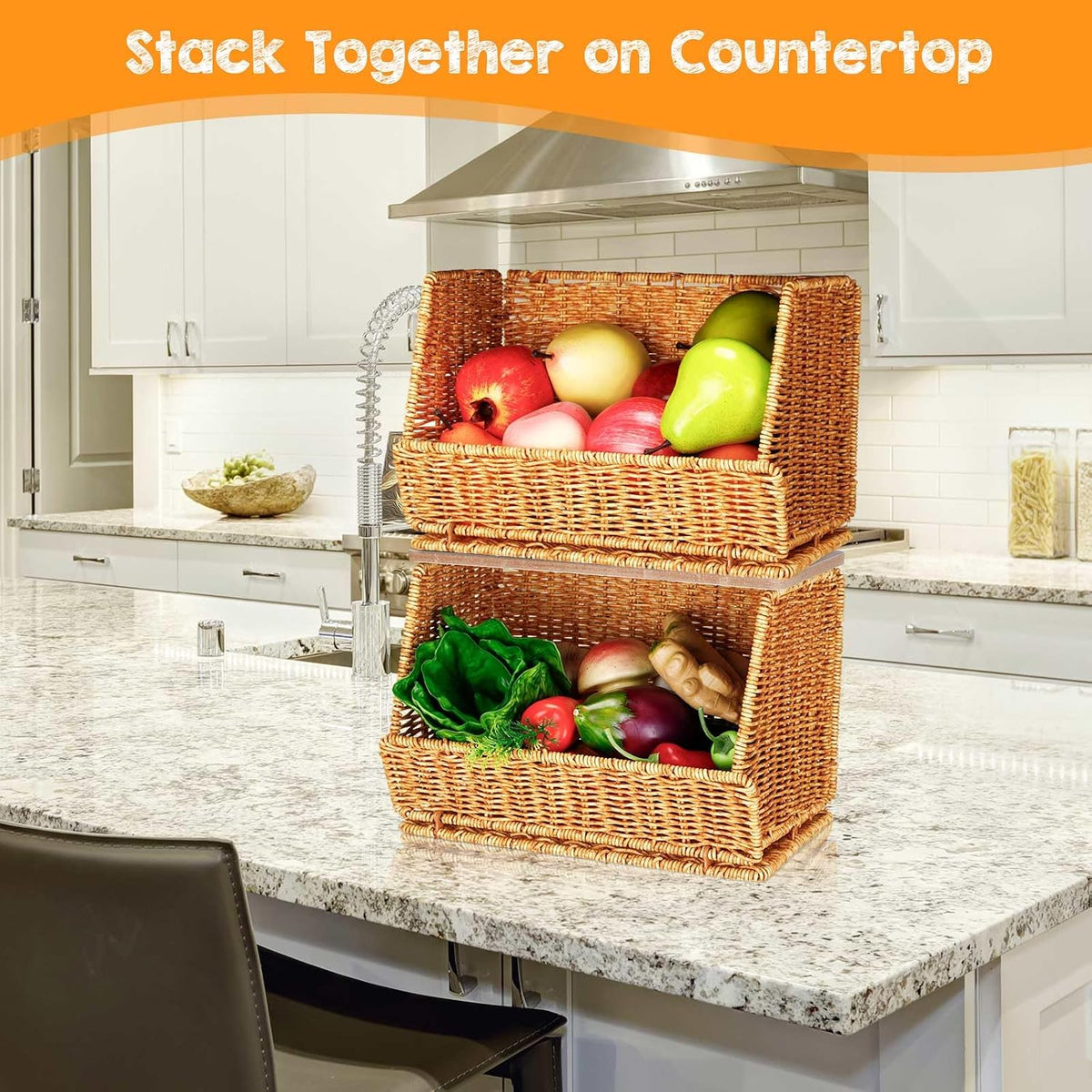 FoldTier 2 Pcs Stackable Wicker Fruit Basket with Wood Lid for Kitchen Desk