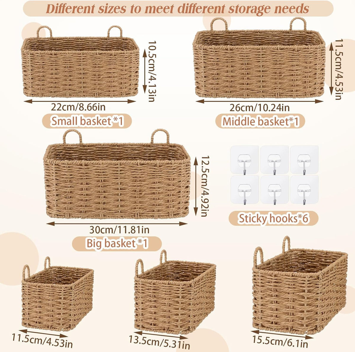 3 Pcs Wall Hanging Baskets,Rectangle,Natural Tan,Paper Cord