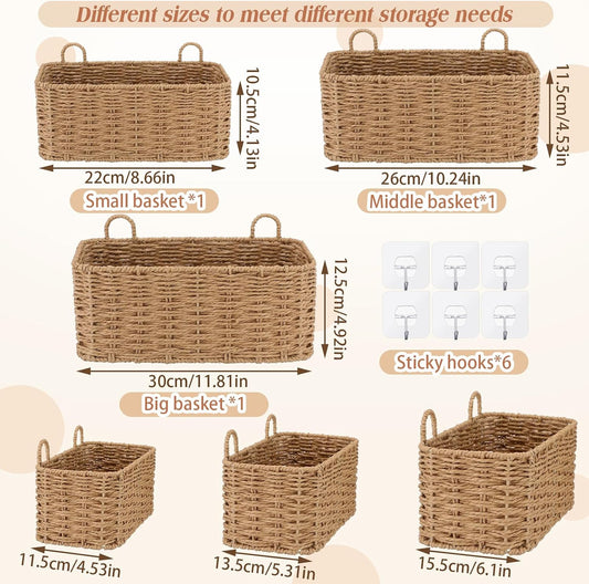 3 Pcs Wall Hanging Baskets,Rectangle,Natural Tan,Paper Cord