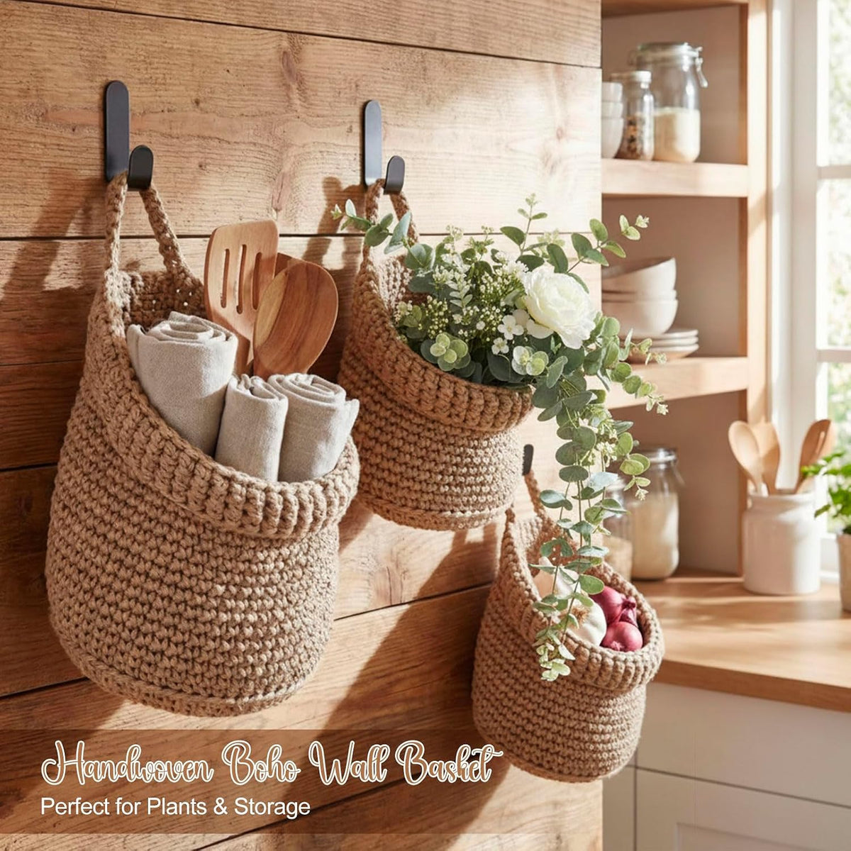 Honeydak 3 Hanging Baskets, Light Brown, Wide Bucket Basket