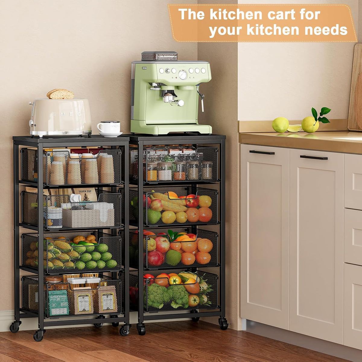 4-Tier Fruit Vegetable Storage Cart - Kitchen Organizer and Storage Cart with Wheels, Wooden Top Metal Wire Fruit Vegetable Rack Stand with Drawers to Storage Cans Snacks for Kitchen(Patent Pending)