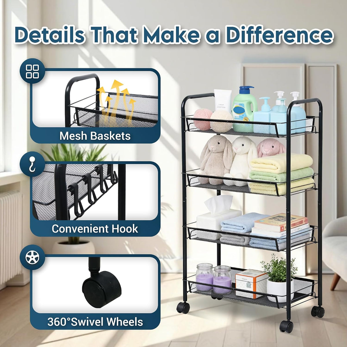 LOFTEY 4 Tier Rolling Cart, Small Metal Utility Cart with Wheels, Black