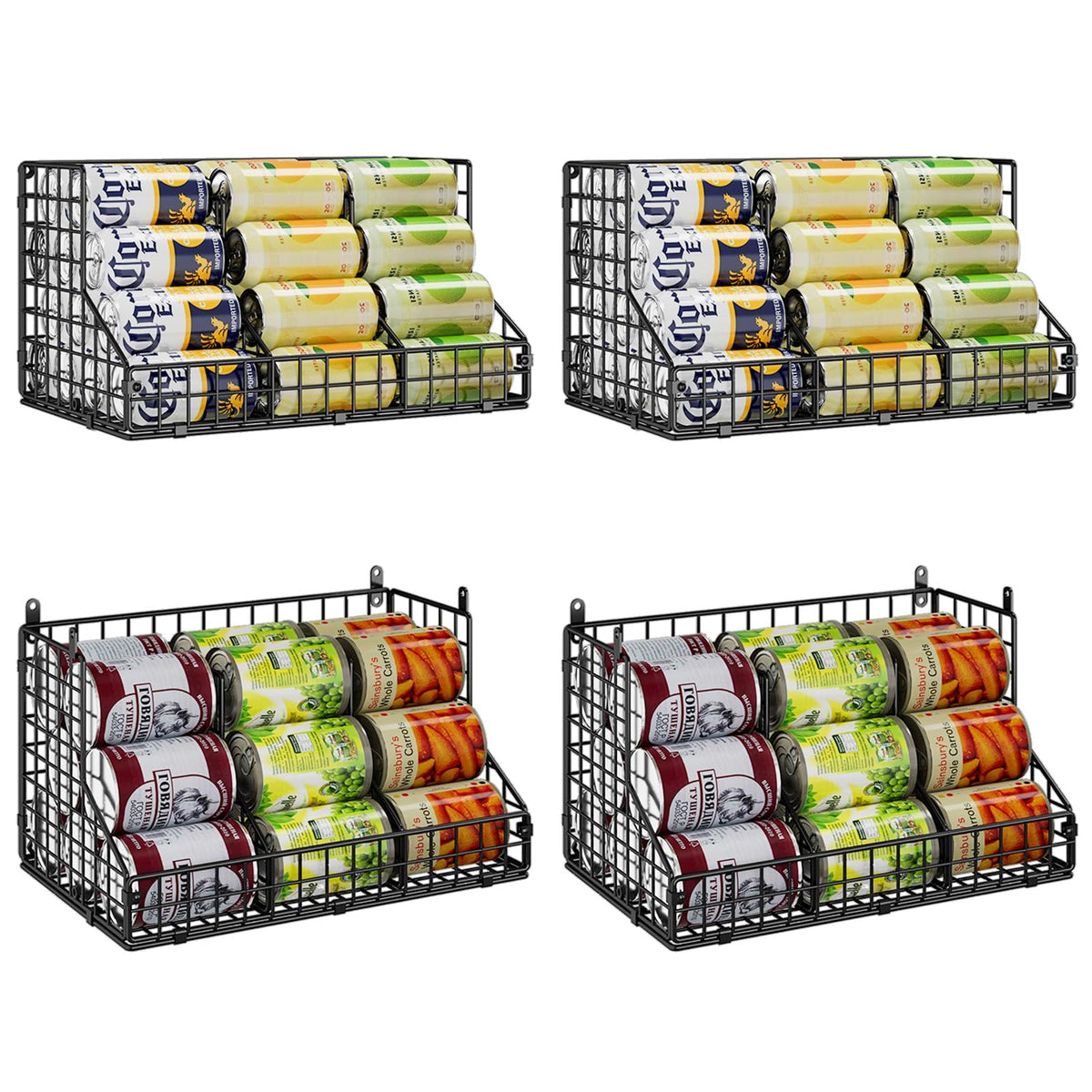JKsmart 2 Pack Stackable Can Rack Organizer for Pantry Storage,Can Dispensers with 4 Adjustable Dividers, 2-Tier Metal Wire Basket Beverage Pop Soda Rack for Kitchen Cabinet Pantry, Black