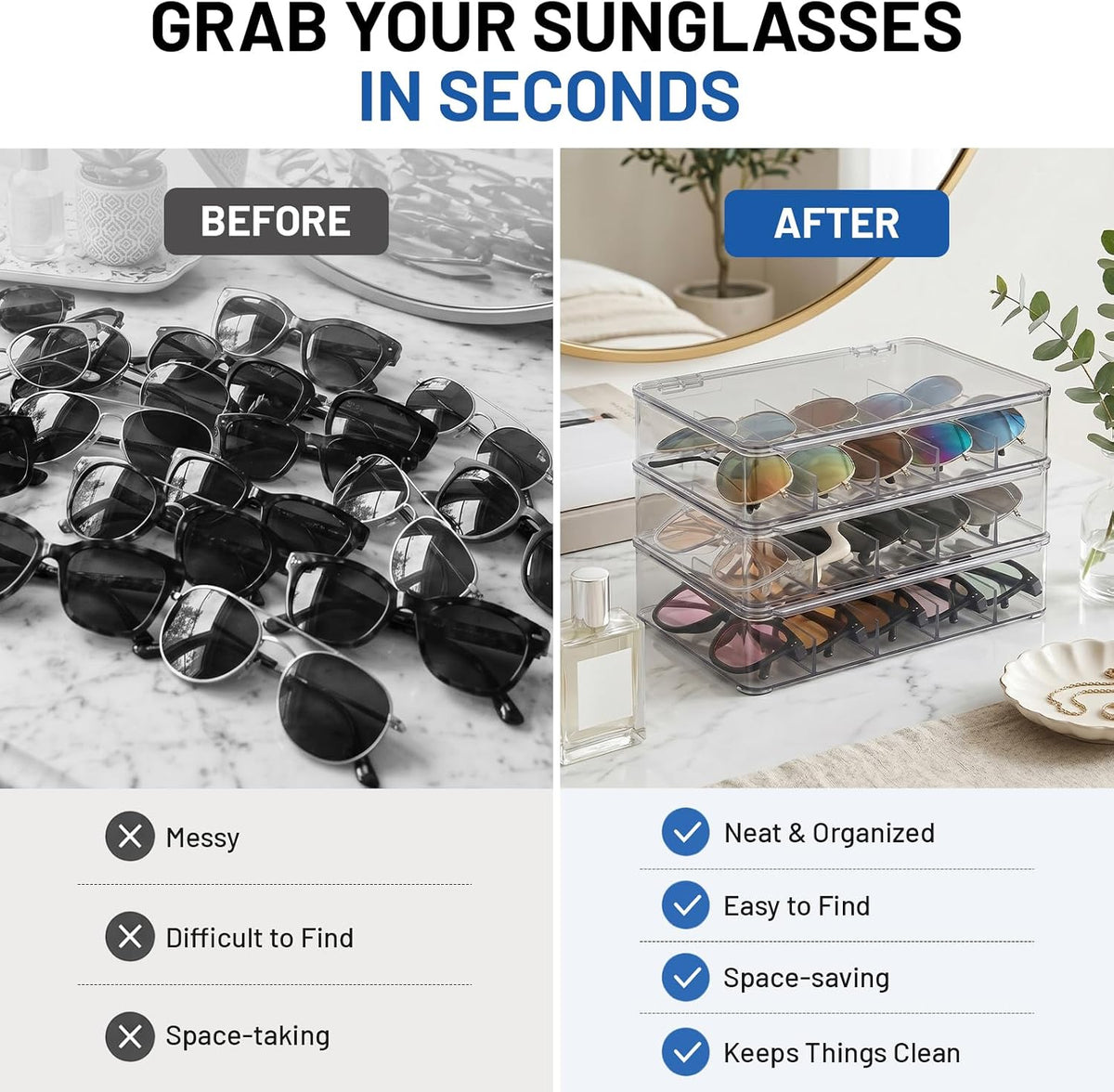 Ewen Clear Acrylic Stackable Sunglasses Case, Eyeglass Display Watches Sunglasses Makeup Organizer