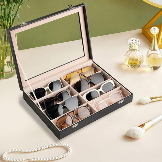 Frebeauty 8-Slot Sunglass Organizer,Sunglass Holder with Clear Lid