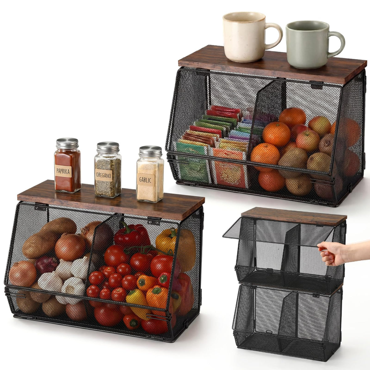 Teenyyou 2 Pcs Fruit Basket with Lid, Non-removable, Black, 8.3"w & 13.8"L