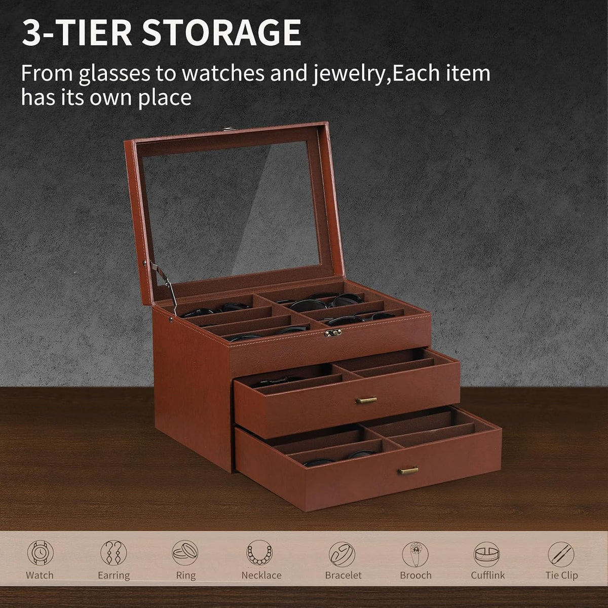 AUTOARK Leather 24 Piece Eyeglasses Storage Case Organizer,Coffee,MKAW045