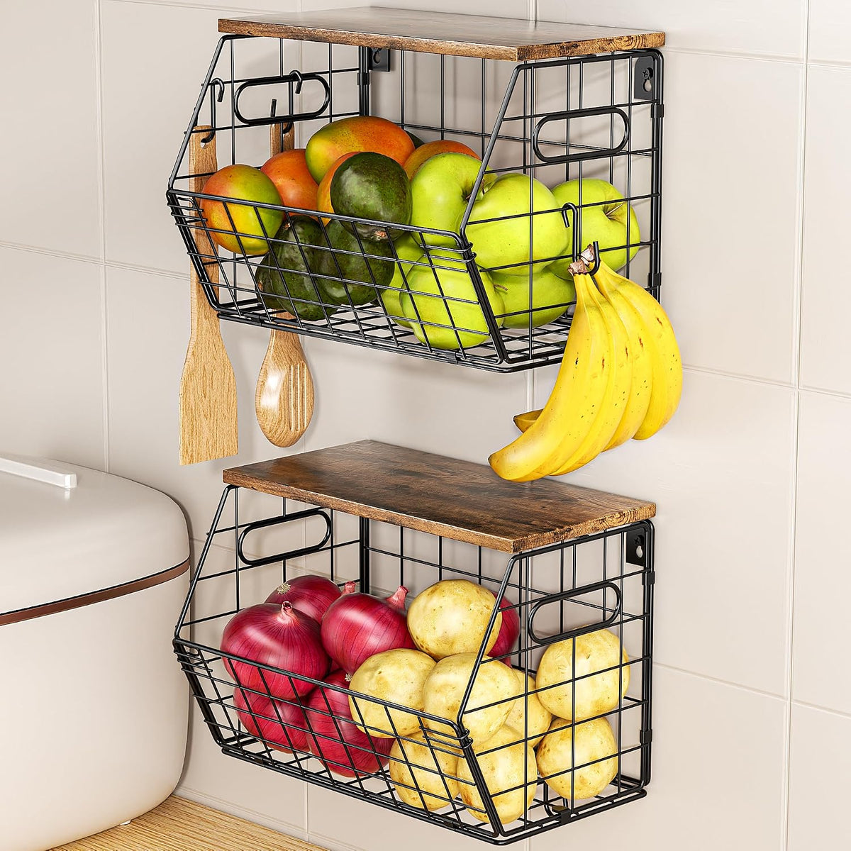 Delamu Stackable Metal Fruit Basket with Wood Lid 2 Pack, Hanging Wall Organizer for Kitchen Counter, Pantry Storage for Onions, Potatoes, Garlic, Fruits, Spices, Black