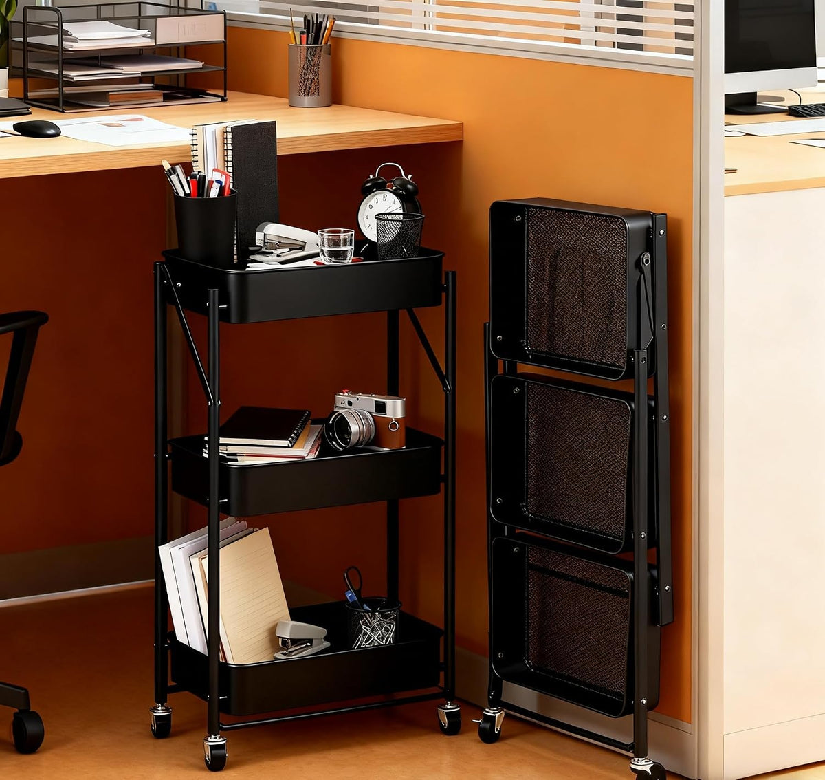 Foldable Rolling Cart 3-Tier Small Foldable Utility Storage Cart Multifunctional Metal Storage Bin Heavy Duty Organizer Carts with Rolling Wheels for Home Office (Black)