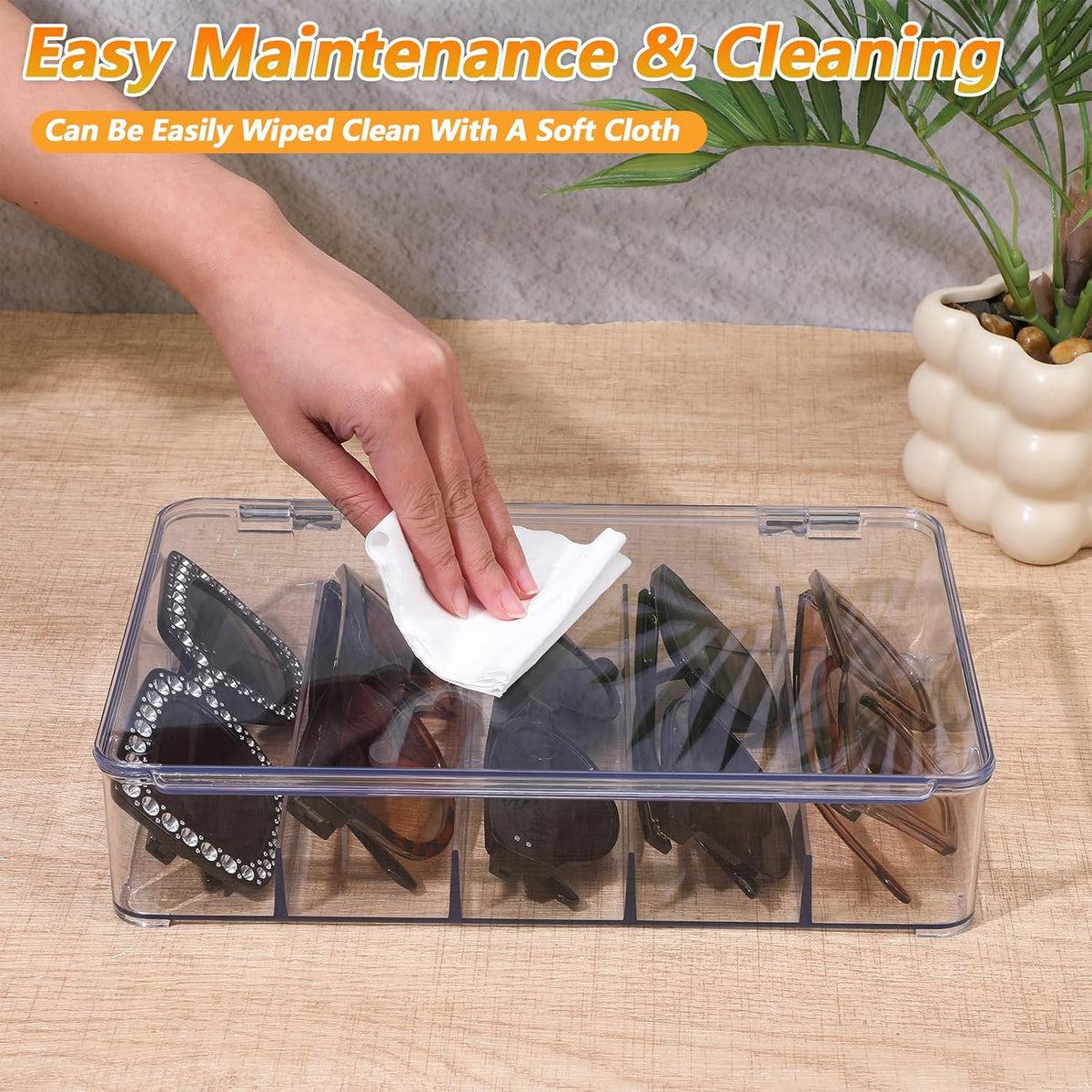 2PCS Sunglasses Organizer, 5 Slot Clear Glasses Storage Case Clear
