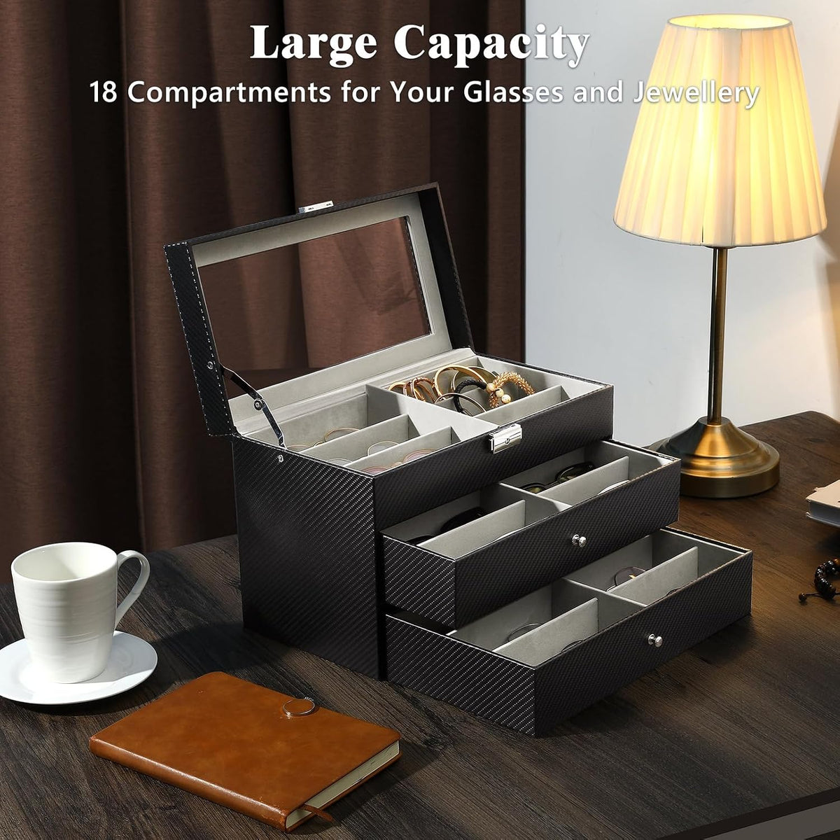 MoKo Sunglasses Organizer, Leather Sunglass Display Collection Holder Case with Drawer Clear Glass Lid
