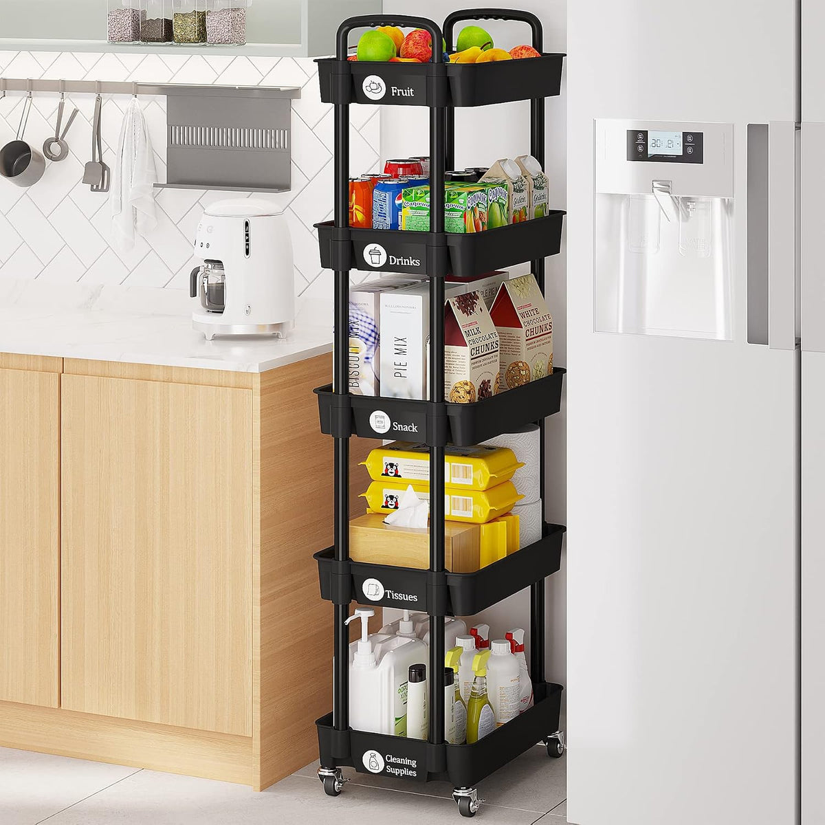 5 Tier Rolling Cart with Wheels,Utility Storage Carts,Black