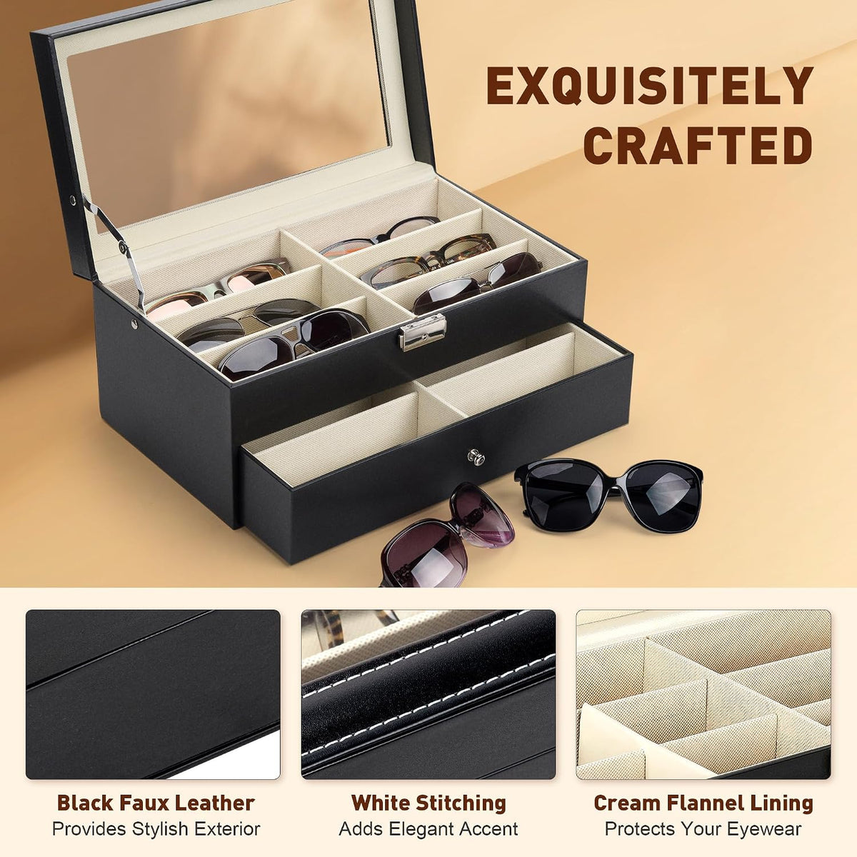 CO-Z Sunglasses Organizer with 12 Slots, Multiple Eyeglasses Eyewear Display Case for Women Men, 2 Story Leather Multi Sunglasses Jewelry Collection Holder with Drawer