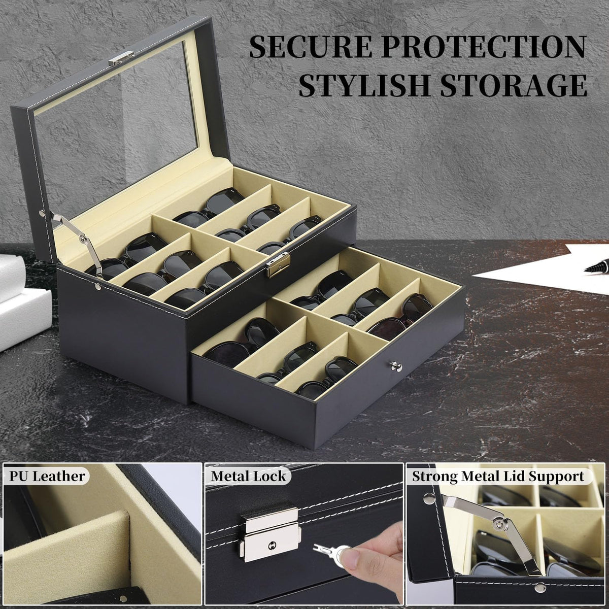 AUTOARK Leather 12 Piece Sunglass Storage Display Case,Black,AW-023
