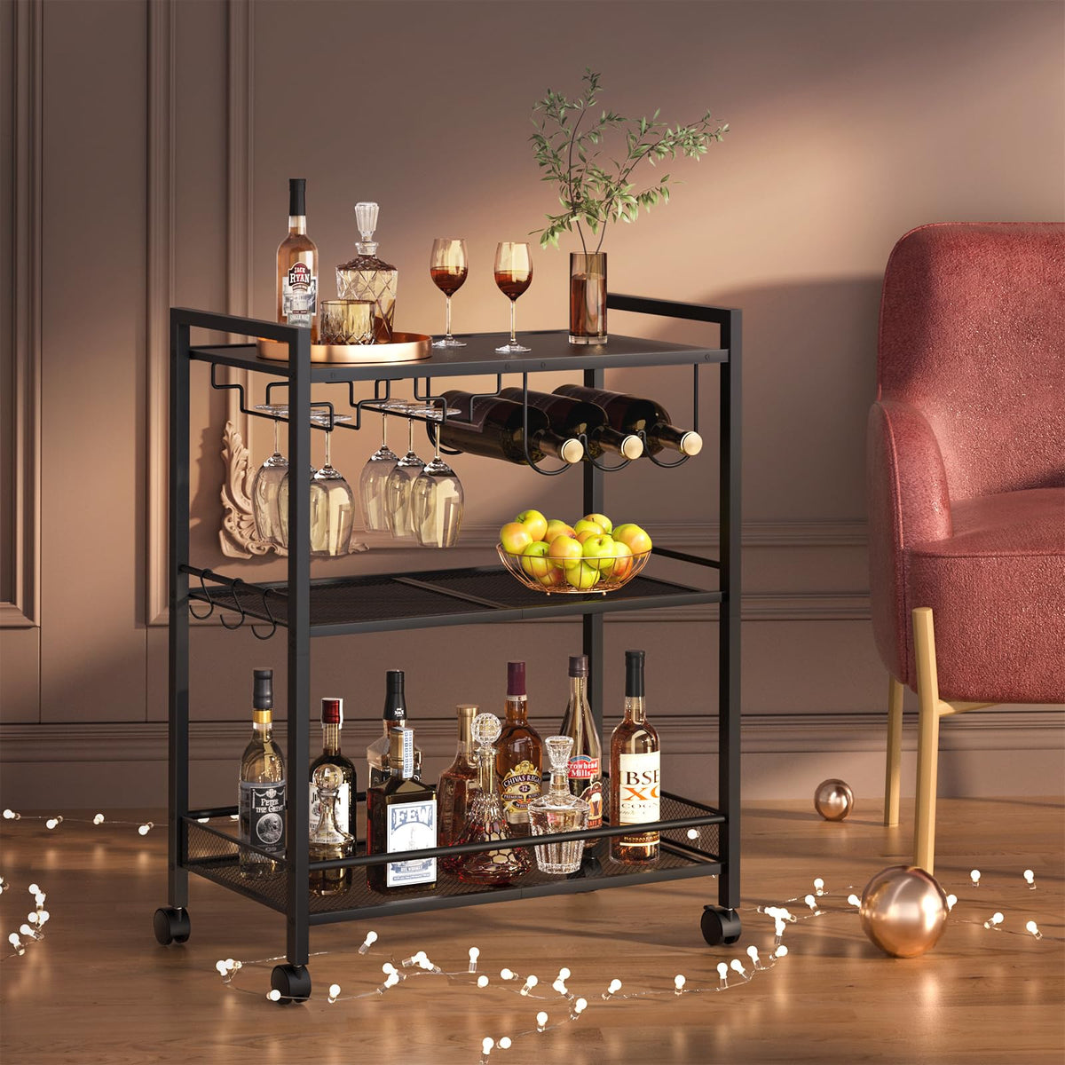 Joaxswe Bar Cart,2-Tier Home Bar Serving Cart with Lockable Wheels,White